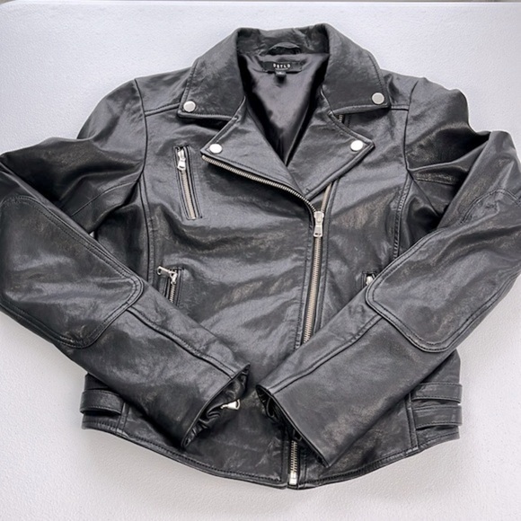 DSTLD Leather Biker Jacket Black with Silver Hardware Straps Moto Short Coat S - Picture 9 of 14